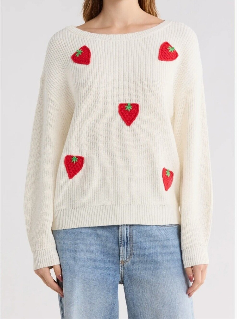 New Vigoss Cream Strawberry Crochet Appliqué Knit Sweater Large Cottagecore